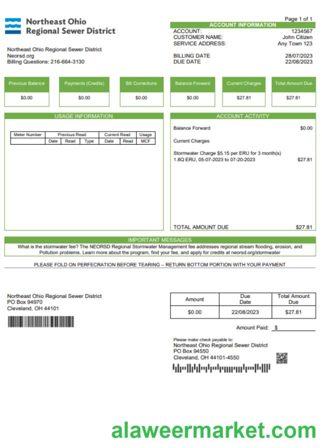 USA Northeast Ohio Regional Sewer District utility bill Word and PDF template